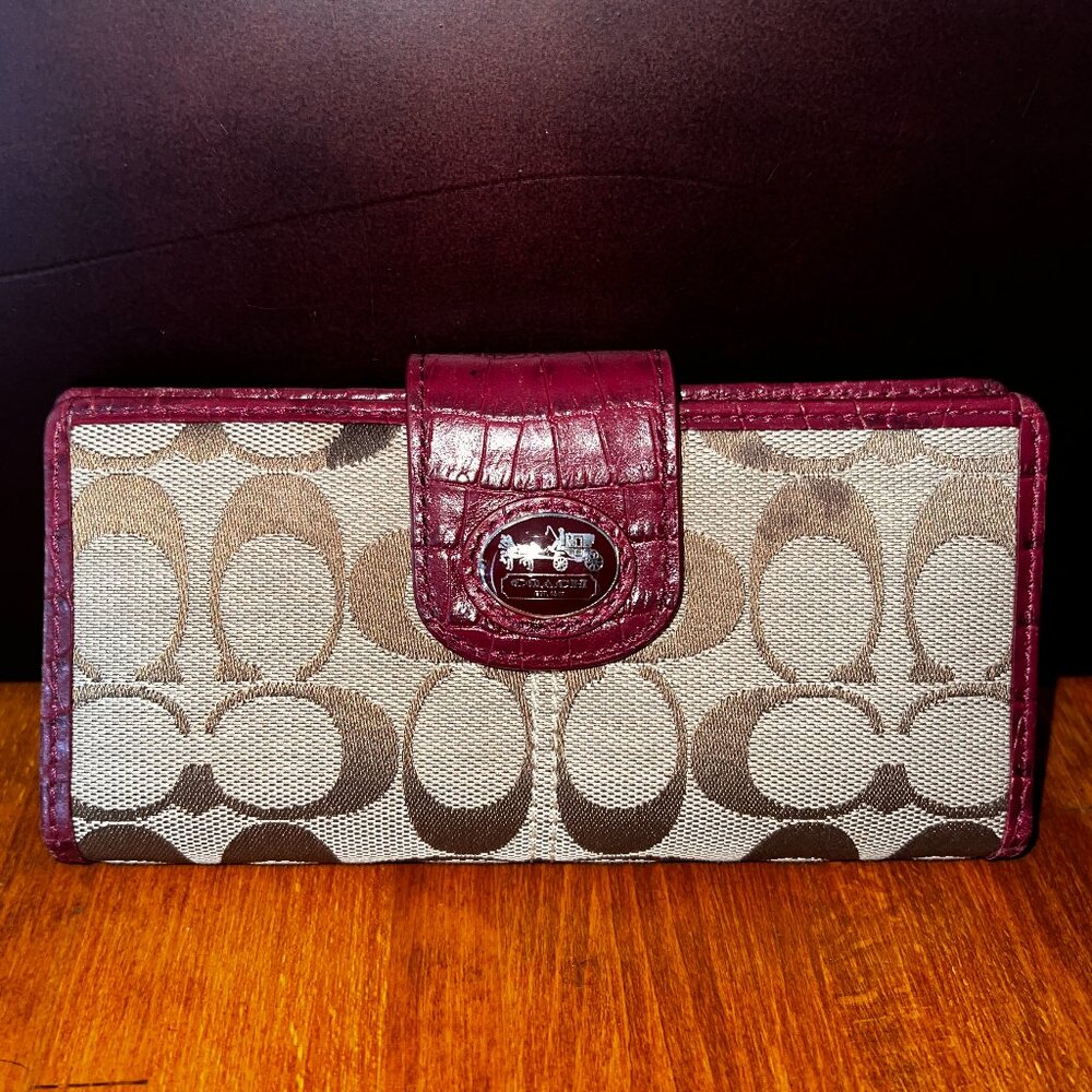 Coach Brown Monogram Fabric Wallet with Burgundy Gator/Croc Trim